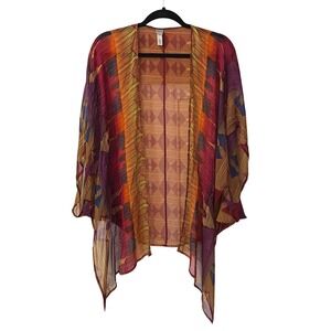 Chicos 100% Silk Kimono Wrap Geometric Abstract Print Sheer Open Front Orange OS